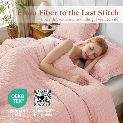Image of JOLLYVOGUE Rose Gold Queen Comforter Set, 3 Pieces Seersucker Comforters Queen Size, Lightweight & Fluffy Bedding Sets for All Season with 1 Ruffle Comforter and 2 Ruffle Pillowshams