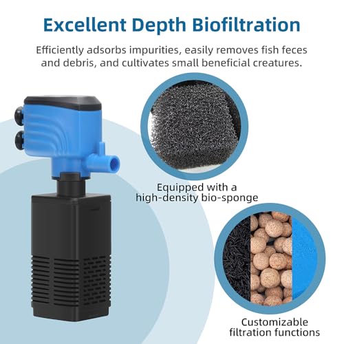 Image of DaToo Aquarium Filter 5-15 Gallon Fish Tank Filter 120GPH Powerful Pump for Aquariums Adjustable Air Flow Submersible Internal Aquarium Filters for Pond Wavemaker Air Supply Freshwater and Saltwater