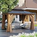 Aoxun 10' x 12' Outdoor Wood Gazebo, Hardtop Gazebo Permanent Wooden Pavilion with Double Polycarbonate Top, for Patio, Garden, Deck, Cedar Wood, Natural