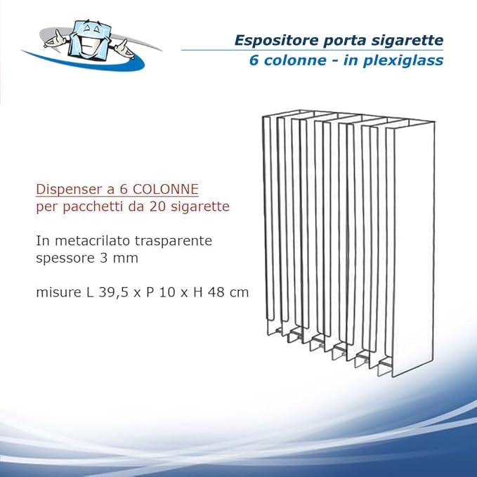 Espositore a colonna in acrilico trasparente per pacchetti di sigarette - Dispenser da tavolo o da banco per arredo tabaccherie e ricevitorie disponibile in 3 formati (6 colonne)