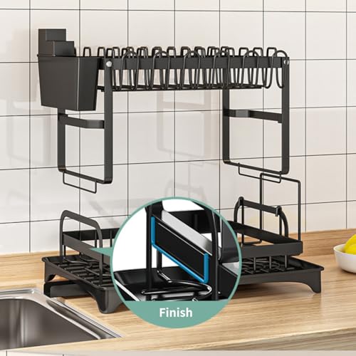 Image of Black 2 Tier Foldable Dish Drainer Rack - Stainless Steel, Large Rustproof for Kitchen Counter With Utensil Holder, Cup Holder and Drip Tray