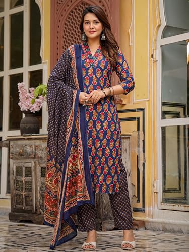 Image of Arayna Women's Cotton Printed Kurta Set with Pants & Dupatta - 3 /4 Sleeve | Elegant Ethnic Wear