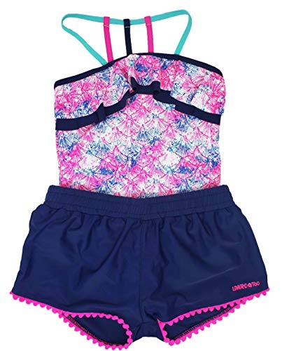 Limited Too Girls Printed UPF 50 Sun Protection Swimsuit with Matching Bottoms (Bright Pink/Blue, 7/8)