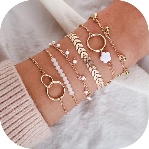 WHYCNJL Lot de 6 Bracelets Bohème Superposés en Perles Dorées avec Chaîne de Main et Pampilles pour Femmes et Filles