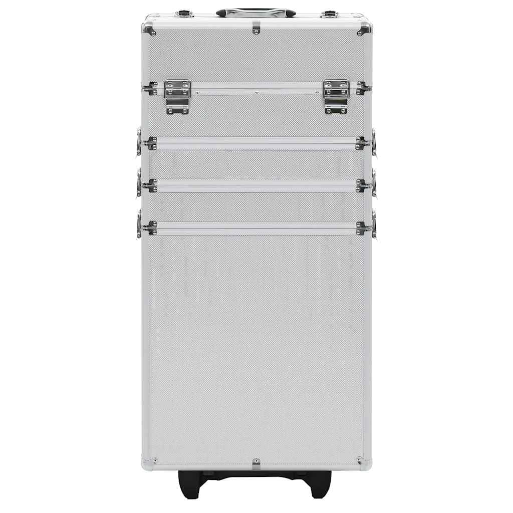 Kosmetikkoffer mit Rollen, Reise-Beauty-Case mit ausziehbaren Ablagen, Frisierkoffer Aluminium, 37 x 22 x 78 cm, Silber