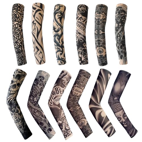 Qwrqwr 12 Pieces Tattoo Sleeves for Men Fake Tatoos Arm Sleeve Elastic Hip Hop Sun Block for Men Women