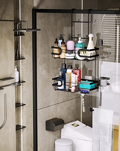 HapiRm Shower Caddy Hanging, Over Door Shower Caddy with Soap and Razor Holder, No Drilling Hook over Shower Caddy for Towel, Bath Ball, Stainless Steel Shower Caddy Black, 4 Adhesives - Image 3