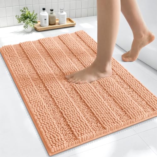 Image of Smiry Thick Small Chenille Bathroom Rugs 24x16, Absorbent Bath Mat, Peach | Quick‑Dry & Machine Washable, Non‑Slip Bath Carpet, Soft Striped Bath Rugs for Tub & Shower, Modern Home Decor Accessories