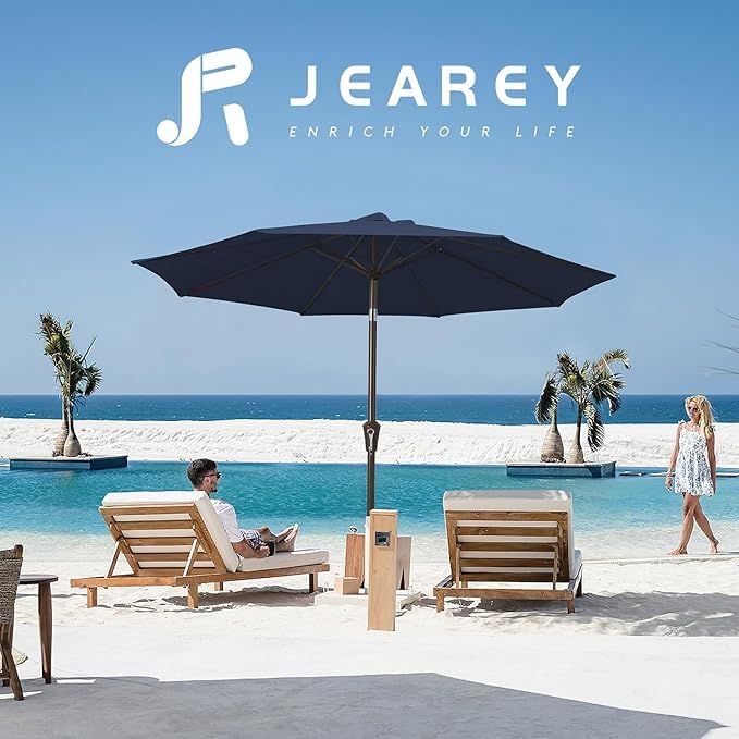 Image of JEAREY Outdoor Patio Umbrella 9FT Outdoor Table Umbrella with Push Button Tilt and Crank, Market Umbrellas 8 Sturdy Ribs UV Protection Waterproof for Garden, Deck, Pool (Purplish Blue)