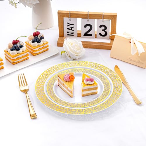 Image of I00000 200 Pcs White and Gold Plastic Plates, Disposable Plastic Plates for 100 Guests Include: 100 Pcs Dinner Plate 10.25 inch and 100 Pcs Dessert Plate 7.5 inch Perfect for Party and Wedding