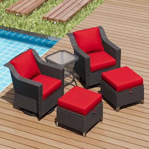 Image of 5 Pieces Patio Conversation Furniture Set - Swivel Chairs with Ottomans Set of 2, 1 Side Table, Outdoor Wicker Furniture Set with Washable Cushions for Porch, Balcony, Sunroom (Red) | Patio Chair Set with Olefin Removable Cushion, All-Weather Glider Swivel Chair Set with Deep Seat for Porch, Deck, Red