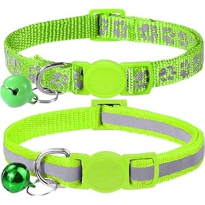 Taglory Reflective Cat Collars Breakaway with Bell, 2-Pack Girl Boy Pet Kitten Collar Adjustable 7.5-12.5 Inch, Green