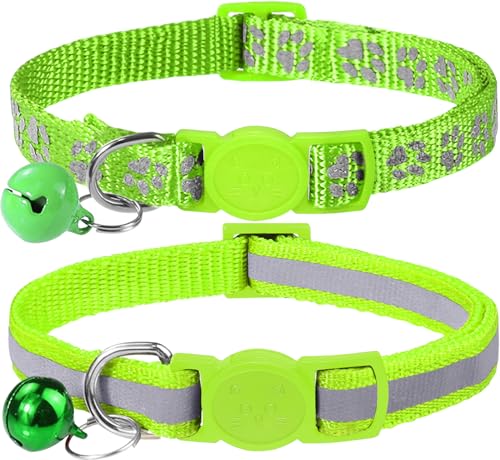 Taglory-Reflective-Cat-Collars-Breakaway-with-Bell-2-Pack-Girl-Boy-Pet-Kitten-Collar-Adjustable-75-125-Inch-Green