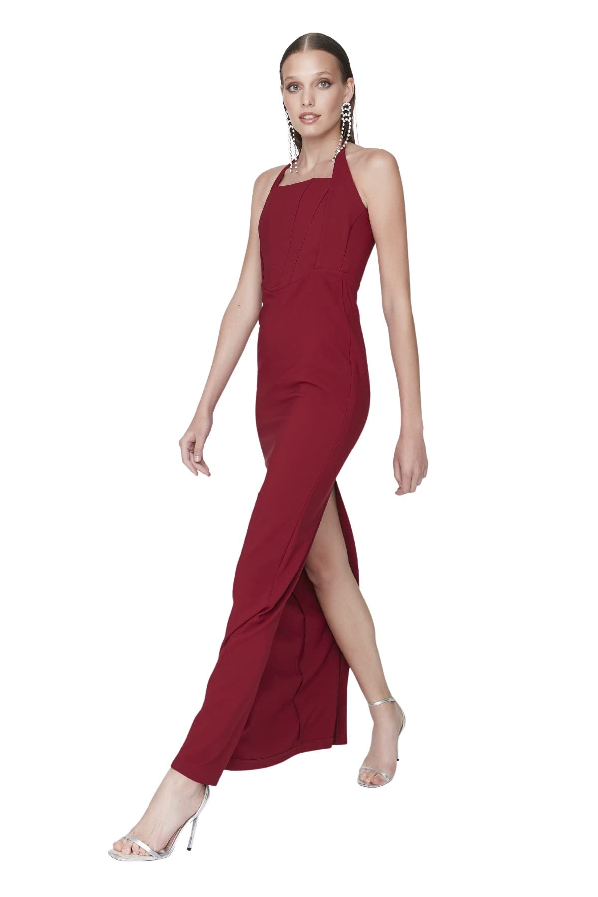 Trendyol Vestido Maxi Ajustado de Noche y Baile de graduación, Granate, 38 para Mujer