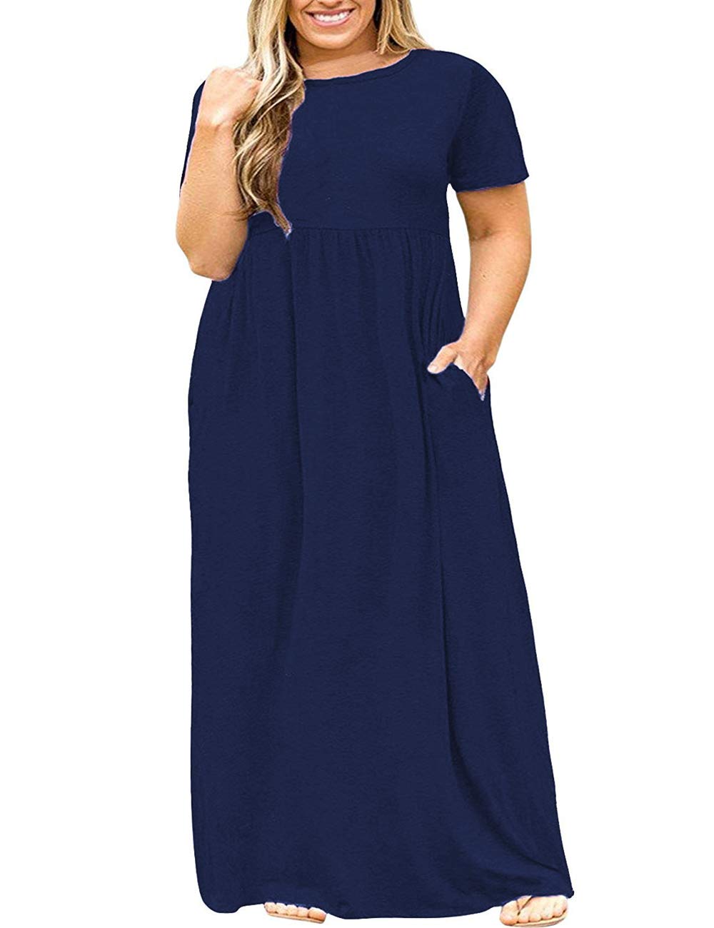 Women's Short Sleeve Plus Size Maxi Dress with Pockets Loose Casual Summer Dresses XL-5X