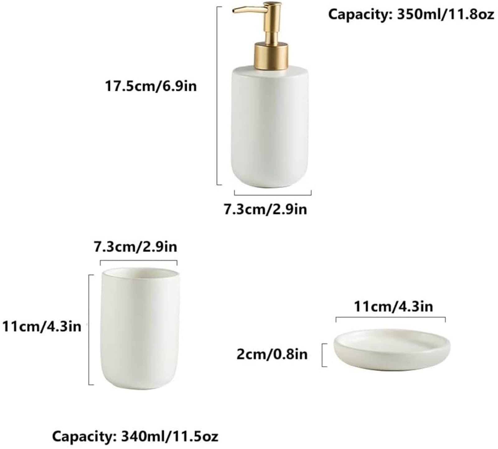Set di accessori per il bagno Dispenser di sapone in ceramica con bicchiere e decorazione moderna in tinta unita Arredamento per gli affittuari(White,3 pieces)