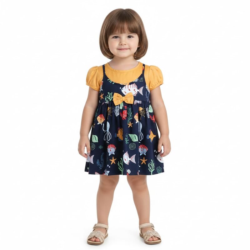 Image of Mama&Bebe Summer Dress for Girls with Cotton Soft Lining | Printed Fit & Flare Kids Outfit with Cute Bow Detail | Comfortable Breathable Party & Outing Dress for Toddlers and Little Girls
