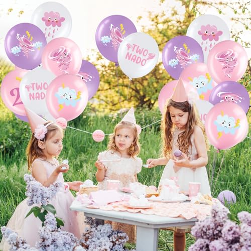 Image of Blosssound 45 Pcs Two Nado Birthday Party Decorations for Girls Two Nado Balloons Tornado Theme Balloon with Pink and Purple Ribbons Tornado 2nd Birthday Party Decor for Girl Kid Baby Shower Supplies