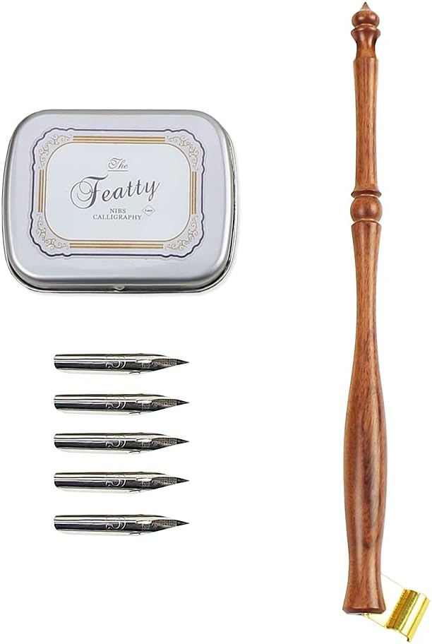 1 Set Dip Pen Wooden English Calligraphy Oblique Nib Holder With Mini Box and 5 Nibs (Sharp Style Set)
