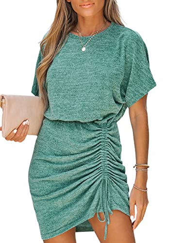 Image of CUPSHE Women's Knit Ruched Drawstring Dress Short Dolman Sleeves Round Neckline Dresses Casual Summer