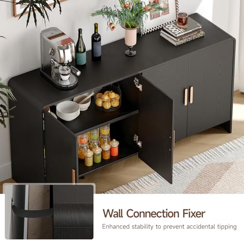ONBRILL 60" Sideboard Buffet Cabinet with Storage, Curved Design Farmhouse Modern Coffee Bar Cabinet with 4 Doors & Adjustable Shelves for Living Room, Kitchen, Hallway, Black - Image 6