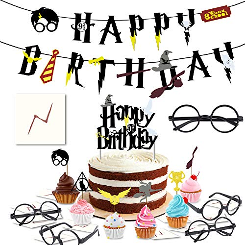 YoHold Wizard Glasses and Tattoos, Cake and Cupcake Toppers, Wizard Birthday Banner for Halloween, Wizard Party Supplies Decorations; 1 Set Banner and Cake Toppers; 16 Pcs Wizard Glasses and lightning bolt tattoos; 30 Pcs Wizard Cupcake Toppers, Black