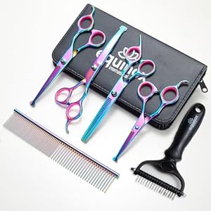 Equinox Dog Grooming Scissors & Deshedder – 7 in 1 Pet Grooming Scissors Set with undercoat brush – Curved Dog Scissors with safety tips – Includes Thinning & Rounded Shears – For dogs & cats