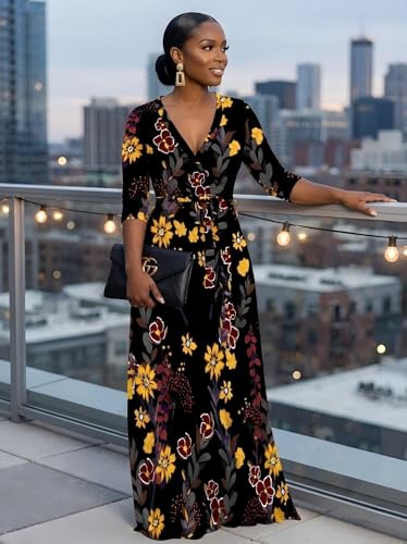 Image of PinkPatty Women's Print Maxi Dresses 3 /4 Sleeve Flowy Long Dress V Neck Wrap Tie Waist Sundress