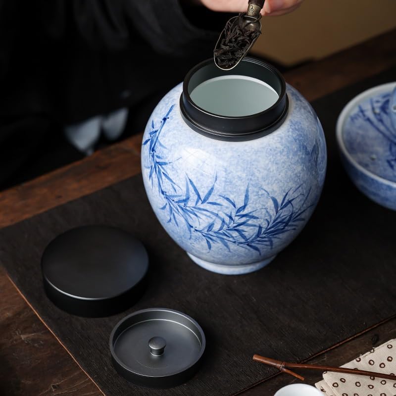 Zbiornik do przechowywania herbaty Czysty ręcznie malowany tuszem barwiony na zielono Duży okrągły pojemnik na herbatę Herbata domowa Zamknięta puszka Ceramiczny pojemnik(Jeden kolor-1300ml)