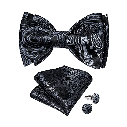 Image of DiBanGu Mens Silk Self Bow Tie Set 4PCS for Tuxedo Wedding,Black Grey