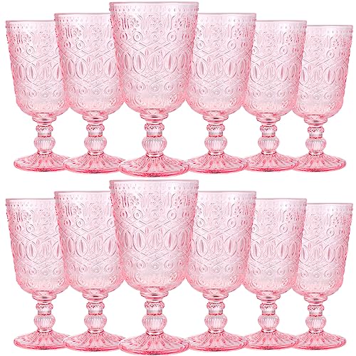 Eaasty Wine Glasses Set of 12 Vintage Goblet 9 oz Vintage Colored Glass Goblet Beverage Stemmed Glass Cups Romantic Embossed Glassware for Wedding Party Holidays Anniversary (Pink)