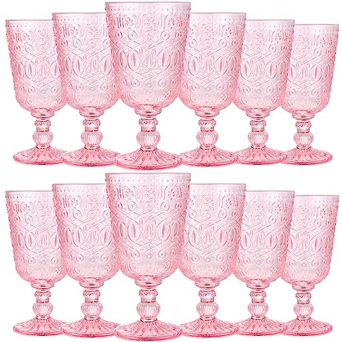 Wine Glasses Set of 12 Vintage Goblet 9 oz Vintage Colored Glass Goblet Beverage Stemmed Glass Cups Romantic Embossed Glassware for Wedding Party Holidays Anniversary (Pink)