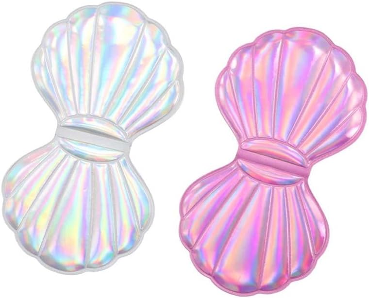 2Pcs Mini Glitter Shell Mirror, Double-Sided Foldable PU Makeup Mirror, Rainbow Colors Shell Handhold Mirror for Women Girls