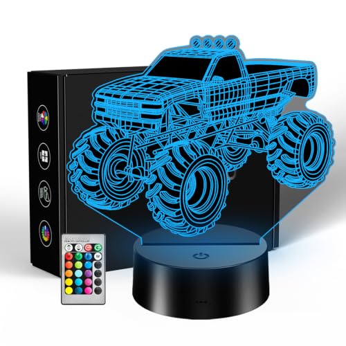 Monster Truck Night Light for Kids 16 Colors RGB LED Night Light with Remote Control & Touch Switch Cool Bedroom Decor for Boys Unique Gifts for Boys Who Love Trucks USB/Battery Powered