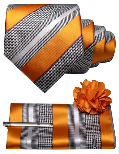 Image of JEMYGINS Mens Striped Tie and Lapel Pin Necktie Pocket Square and Tie Clip Sets for Business Casual 4PCS