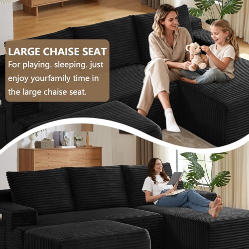 Image of 96 inch U-Shape Cloud Couch, Modern Modular Sectional L-Shape Sofa with Ottoman, Corduroy Upholstered Couches Deep Seat Sleeper Chaise Longue for Living Room, No Assembly Required(Black, Right Facing)