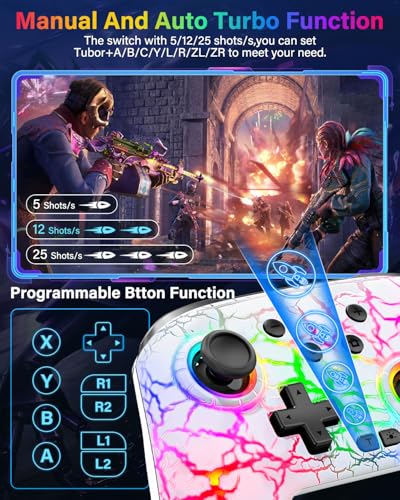 Image of Switch Controller Compatible with Switch /Switch Lite /OLED /PC, Programmable Wireless Switch Controller with 10 LED Light, 6-Axis Motion, Turbo, Vibration, One-Key Wake Up & Pairing, 1000mAh Battery, White