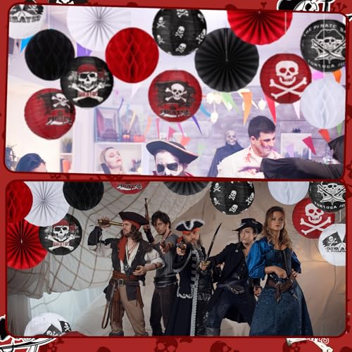 Image of Baquler 18 Pcs Pirate Theme Party Decoration Pirate Skull Hanging Paper Lantern Fans Black Red Honeycomb Ball for Nautical Birthday Party Ornament Ceiling Decor Supplies