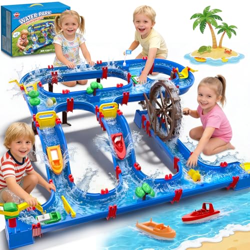 VATOS Double-Tier Watermill Summer Toy 120 PCS DIY Water Table Toys for Kids Girls Boys 4-6 Years Outdoor Water Toys Backyard Beach Balcony Garden Fun Water Playset for Kids Pets