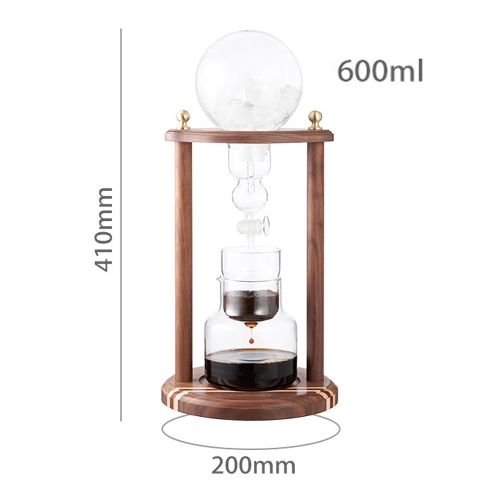 Ekspres do kawy Cold Brew, wieża do kawy z regulacją prędkości kapania, drewniana rama, 600 ml, dzbanek ze szkła borokrzemowego, idealny do domu lub biura, na 2-4 filiżanki