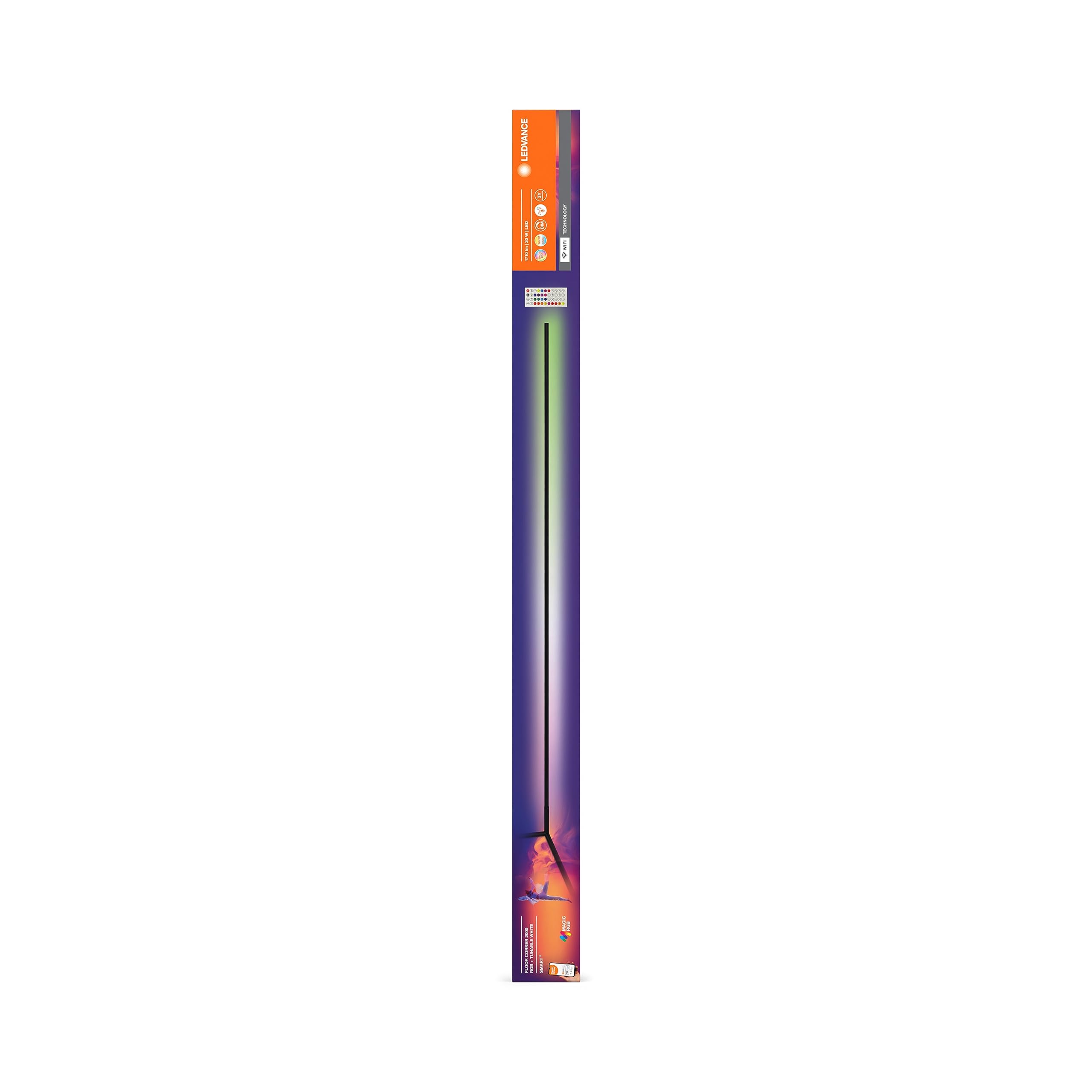 Ledvance, LEDVANCE SMART WIFI LED narożna oprawa podłogowa, 200cm, czarna, 20 W, 1710 lm, regulowane białe i barwne światło, ściemniana, funkcja rytmu, sterowana przez aplikację, 2700-6500 K