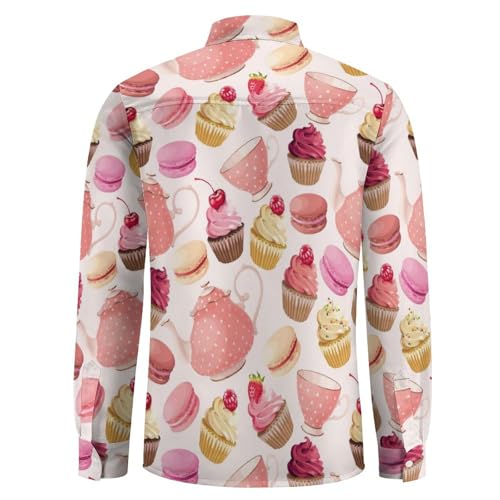 Long Sleeve Button Down Shirts for Men - Macaroon Cupcake Print Pink V-Neck Casual Button Up Shirt Men with Pocket4