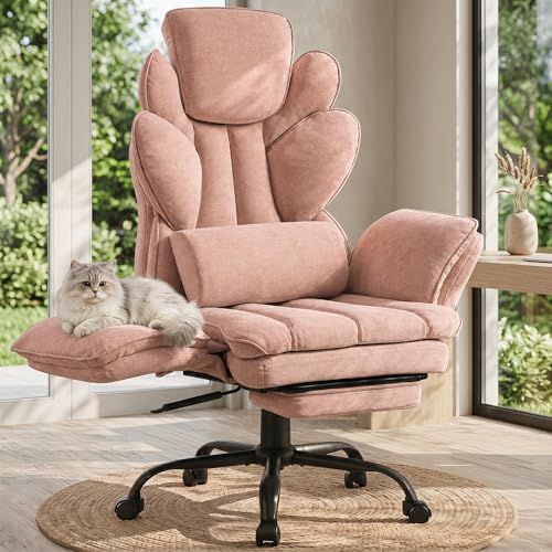 Image of Flip Armrests Criss Cross Office Chair, Reclining Office Chair with Foot Rest, Adjustable Headrest, Massage Waist Pillow, Cross Legged Big and Tall Desk Chair Wide Seat Vanity Chair, Pink Fabric