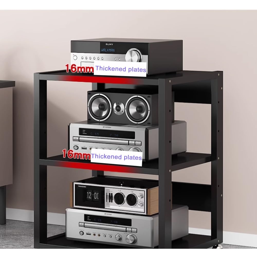3 4 5 Livelli Mobile Componenti Stereo, HiFi Rack Audio AV Tower Media Stand, Rack Amplificatore Supporto Per Giradischi, Regolabile Mobiletto Portaoggetti, Legno & Metallo(Black,3 Tier-50X40X4