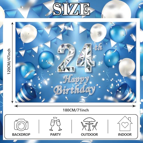 Happy 24th Birthday Banner Background Decorations Balloons Crystal Confetti Theme Decor for Men or Women Cheers to 24 Years Party Favors Supplies Blue Silver by DZTRELFK - Used condition - Image 2