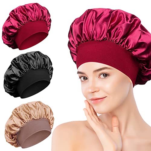 Bonnet Satin Cheveux Nuit, Lot de 3 Bonnet de Nuit Satin Bonnet Satin Bonnets de Nuit en Satin de Soins Capillaires Réglable Principalement pour les Femmes et les Filles aux Cheveux Bouclés