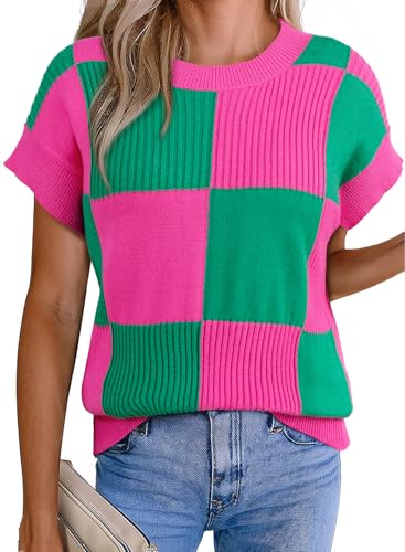 Image of EVALESS Short Sleeve Sweater for Women Crewneck Color Block Knit Tops 2026 Summer Trendy Cap Sleeve Sweater Vest