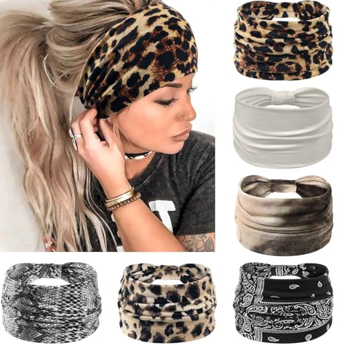 Image of Wide Headbands for Women Knotted No Slip Head Bands Soft Turban Headband Hair Accessories Boho African Solid Color Head Wraps for Women Yoga Workout Pack of 6