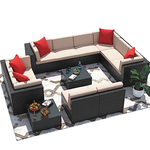 Image of Greesum Patio Furniture Sets 12-Pieces Outdoor PE Rattan Sectional Sofa with Thickened Cushions and Glass Coffee Table, OneSize, Beige