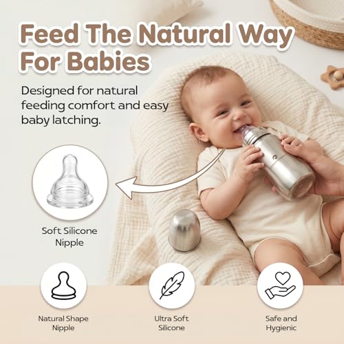Image of StarAndDaisy Baby Milk Bottle for new Born /Infant /Toddler 140 ML SUS 304 Steel Baby Feeding Bottle for 0+ Months, BPA Free Leakproof Bottle, Anti Colic, Easy to Clean -Silver (Silver -140ML)